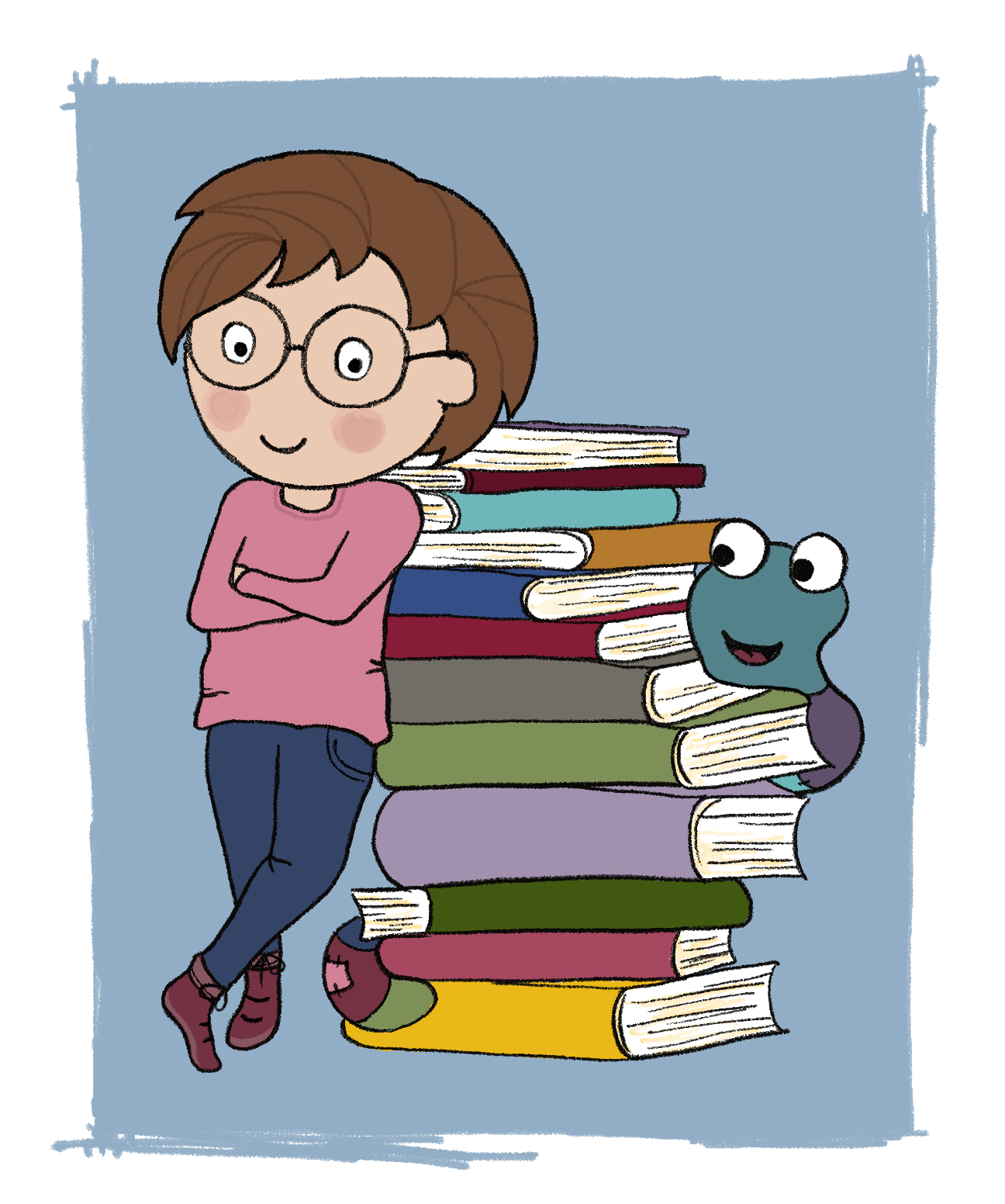 Die Vorlese Liese mit einem Stapel Bücher